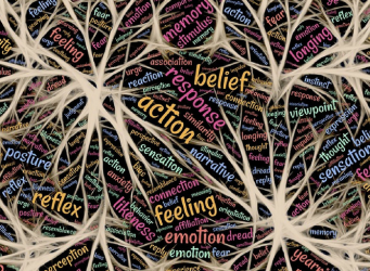 Neuronas mezcladas con palabras como si fueran pensamientos de la mente