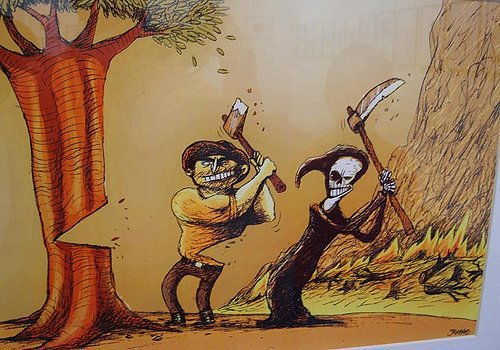 Un hombre talando un árbol, junto a la muerte y la güadaña
