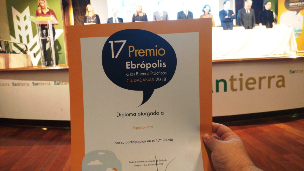 Diploma a Espacio Ítaca del 17º Premio Ebrópolis a las buenas prácticas ciudadanas 2018