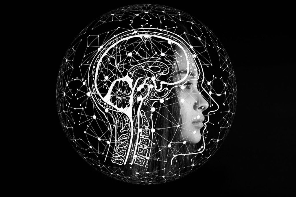 Se ve una cabeza de persona y dibujado su cerebro, todo en un círculo que simboliza las sinapsis que se producen en nuestro sistema nervioso